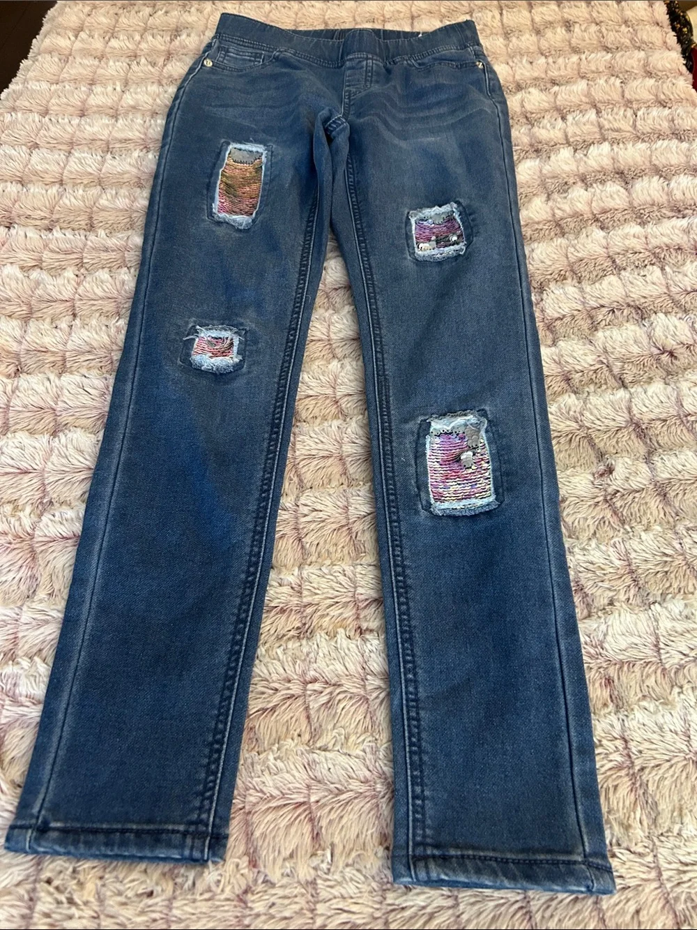 Justice Girls Dark Blue Skinny Jeans with Sequin Patch Details size 12